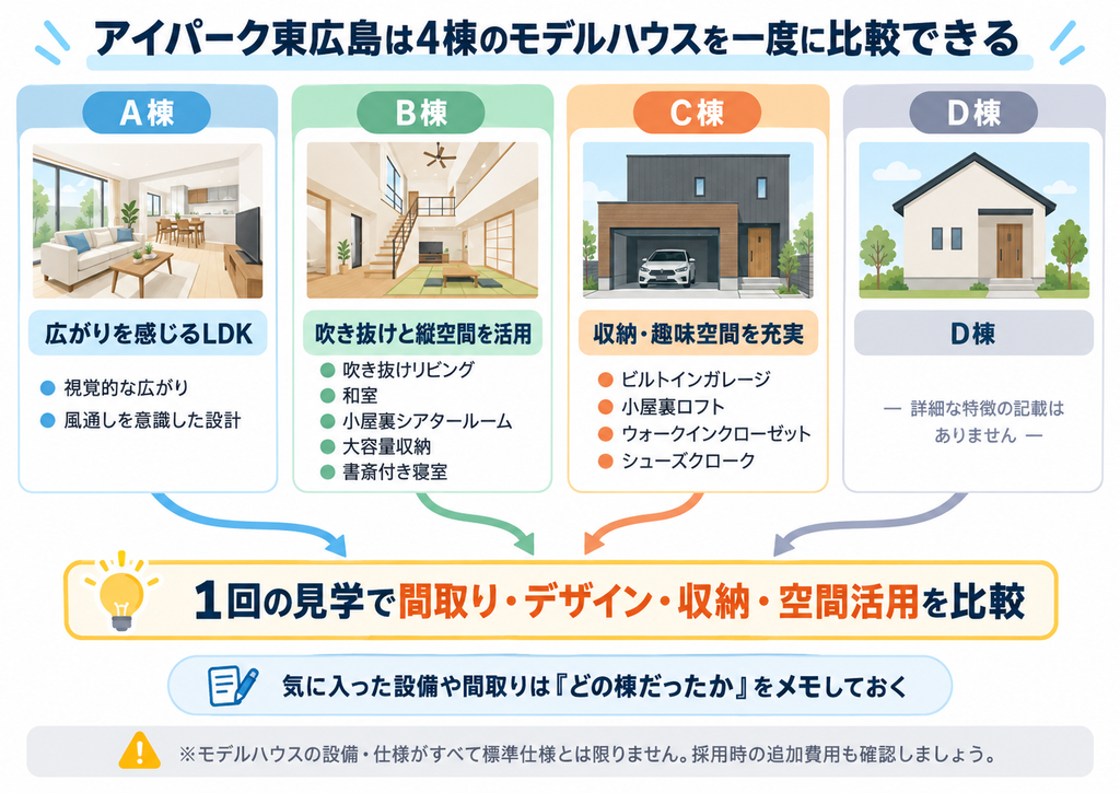 アイパーク東広島のA棟からD棟まで4棟のモデルハウスを比較し、間取り・デザイン・収納・空間活用の違いを確認できることを示した図解