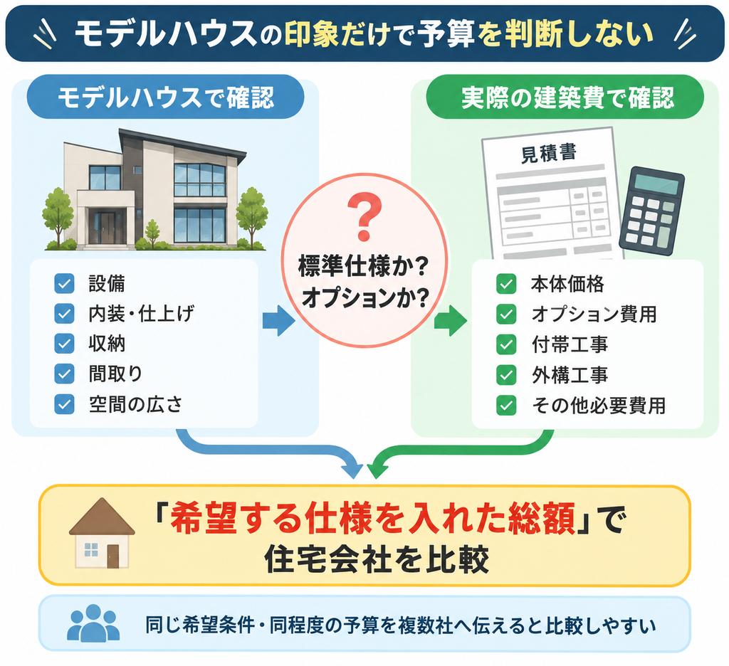 モデルハウスの設備・内装・収納・間取りを確認し、標準仕様かオプションかを見極めたうえで、本体価格や付帯工事を含む総額で住宅会社を比較する流れを示した図解